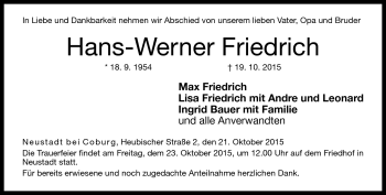 Traueranzeige von Hans-Werner Friedrich von Neue Presse Coburg