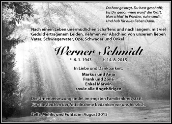 Traueranzeige von Werner Schmidt von Südthüringer Presse