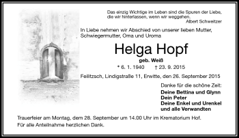 Traueranzeige von Helga Hopf von Frankenpost
