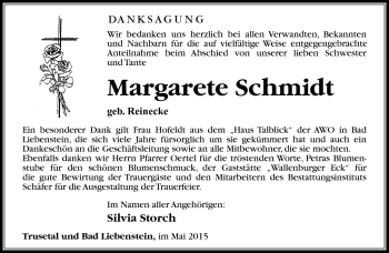 Traueranzeige von Margarete Schmidt von Südthüringer Presse