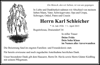 Traueranzeige von Karl Schleicher von Frankenpost