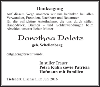 Traueranzeige von Dorothea Deletz von Südthüringer Presse