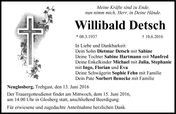 Traueranzeige von Willibald Detsch von Neue Presse Coburg