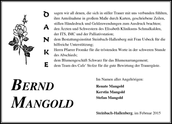 Traueranzeige von Bernd Mangold von Südthüringer Presse