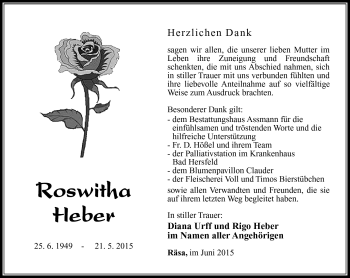 Traueranzeige von Roswitha Heber von Südthüringer Presse