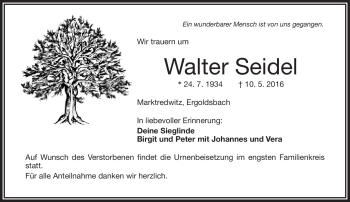 Traueranzeige von Walter Seidel von Frankenpost