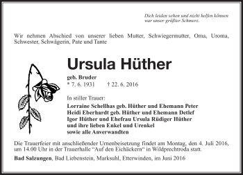 Traueranzeige von Ursula Hüther von Südthüringer Presse