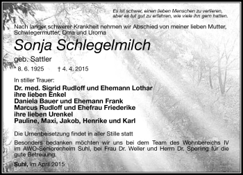 Traueranzeige von Sonja Schlegelmilch von Südthüringer Presse