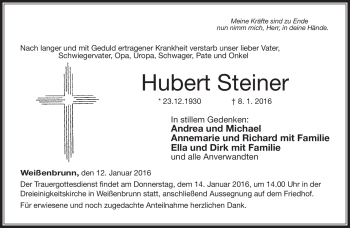 Traueranzeige von Hubert Steiner von Neue Presse Coburg