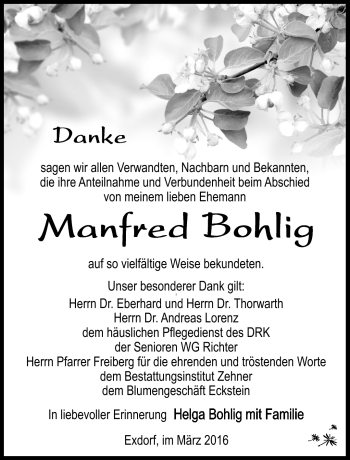 Traueranzeige von Manfred Bohlig von Südthüringer Presse