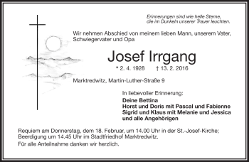 Traueranzeige von Josef Irrgang von Frankenpost