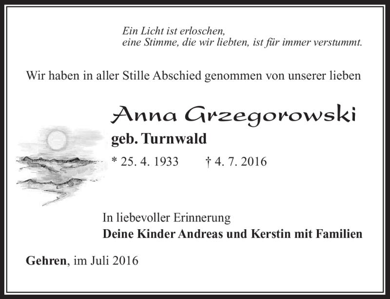  Traueranzeige für Anna Grzegorowski vom 12.07.2016 aus Südthüringer Presse