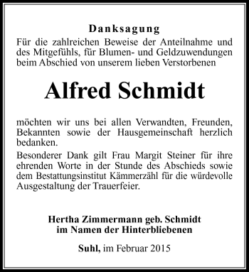Traueranzeige von Alfred Schmidt von Südthüringer Presse