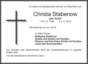 Traueranzeige von Christa Stabenow von Frankenpost