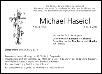 Traueranzeige von Michael Haseidl von Neue Presse Coburg