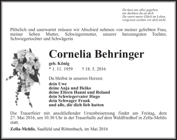 Traueranzeige von Cornelia Behringer von Südthüringer Presse