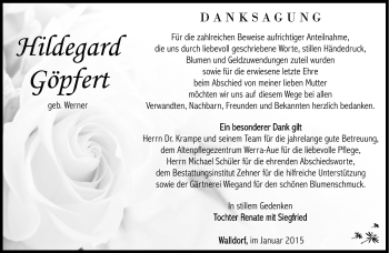 Traueranzeige von Hildegard Göpfert von Südthüringer Presse