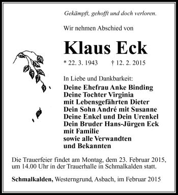 Traueranzeige von Klaus Eck von Südthüringer Presse