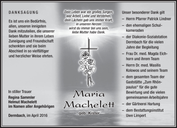Traueranzeige von Maria Machelett von Südthüringer Presse