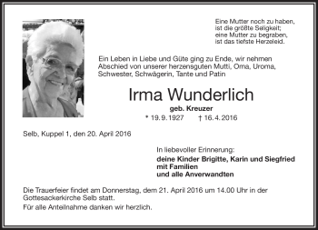 Traueranzeige von Irma Wunderlich von Frankenpost