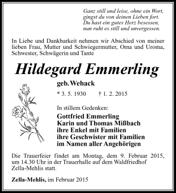Traueranzeige von Hildegard Emmerling von Südthüringer Presse