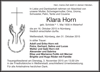 Traueranzeige von Klara Horn von Frankenpost