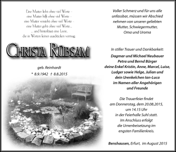 Traueranzeige von Christa Rübsam von Südthüringer Presse