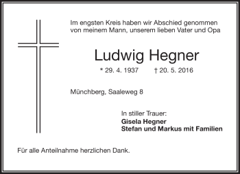 Traueranzeige von Ludwig Hegner von Frankenpost