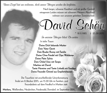 Traueranzeige von David Schön von Südthüringer Presse