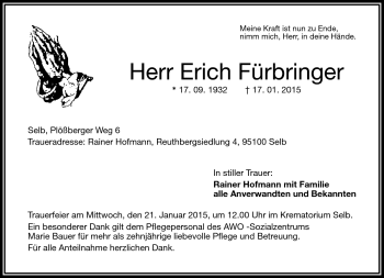 Traueranzeige von Erich Fürbringer von Frankenpost