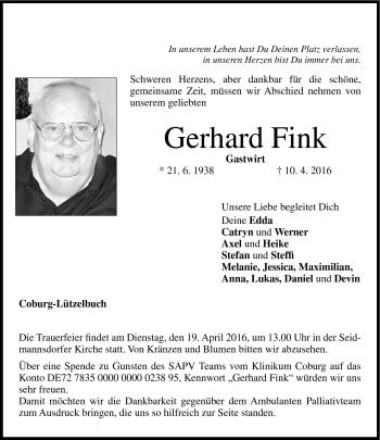 Traueranzeige von Gerhard Fink von Neue Presse Coburg
