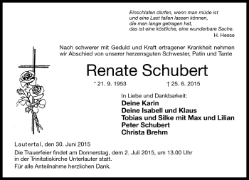 Traueranzeige von Renate Schubert von Neue Presse Coburg