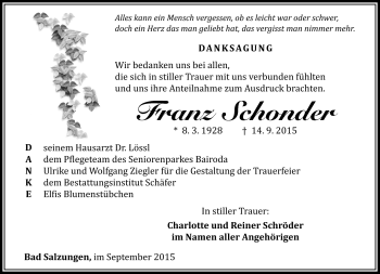Traueranzeige von Franz Schonder von Südthüringer Presse