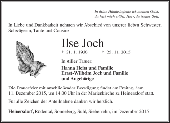 Traueranzeige von Ilse Joch von Südthüringer Presse