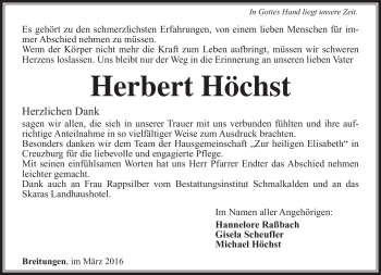 Traueranzeige von Herbert Höchst von Südthüringer Presse