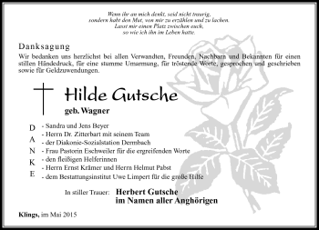 Traueranzeige von Hilde Gutsche von Südthüringer Presse