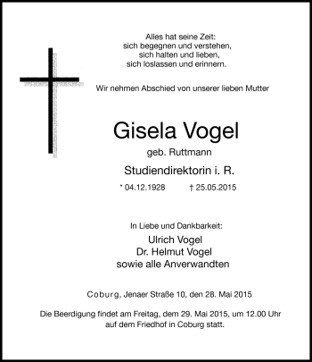 Traueranzeige von Gisela Vogel von Neue Presse Coburg