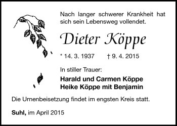 Traueranzeige von Dieter Köppe von Südthüringer Presse