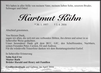 Traueranzeige von Hartmut Kühn von Südthüringer Presse