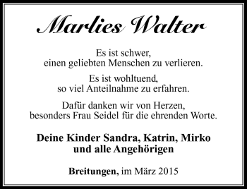 Traueranzeige von Marlies Walter von Südthüringer Presse
