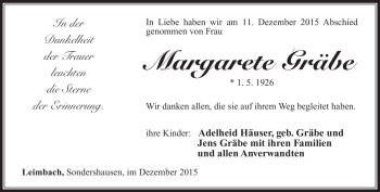 Traueranzeige von Margarete Gräbe von Südthüringer Presse