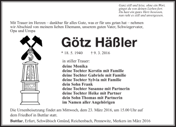 Traueranzeige von Götz Häßler von Südthüringer Presse