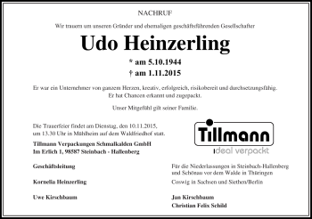 Traueranzeige von Udo Heinzerling von Südthüringer Presse