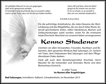 Traueranzeige von Kenno Studener von Südthüringer Presse