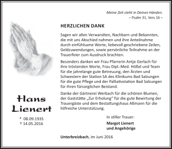 Traueranzeige von Hans Lienert von Südthüringer Presse