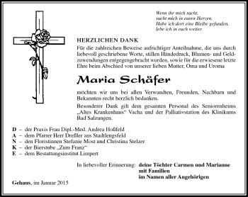 Traueranzeige von Maria Schäfer von Südthüringer Presse