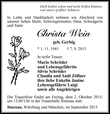 Traueranzeige von Christa Wein von Südthüringer Presse