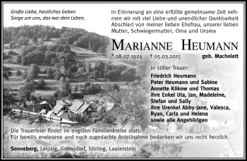Traueranzeige von Marianne Heumann von Südthüringer Presse