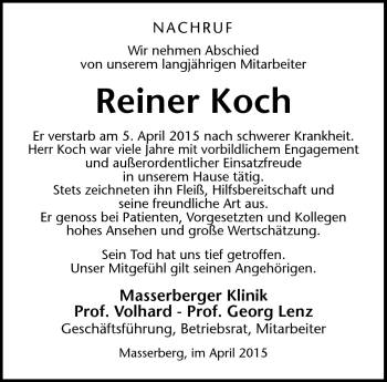 Traueranzeige von Reiner Koch von Südthüringer Presse
