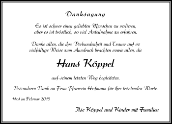 Traueranzeige von Hans Köppel von Frankenpost